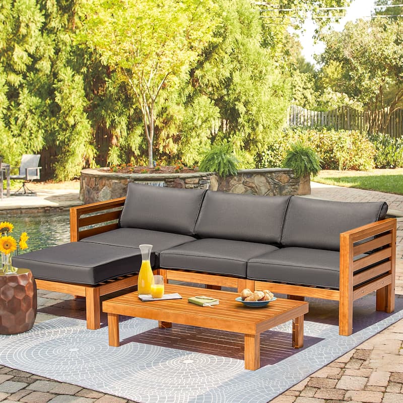 EROMMY Wood Patio Conversation Set with Coffee Table and Soft Cushions, Outdoor Sofa Set for Garden, Backyard - 5 pcs - Grey