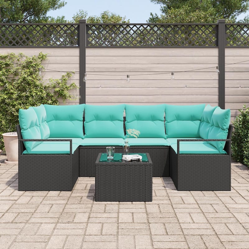vidaXL 7 Garden Sofa Set with Cushions Black Poly Rattan - 92.1 x 48 x 27.2