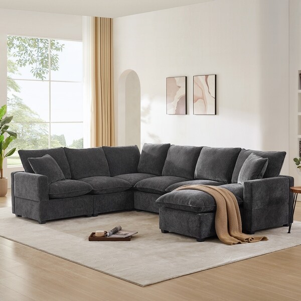 Oaks Aura Modern L Shape Modular Sofa 7 Seat Chenille Sectional Couch Set with Pillows Grey