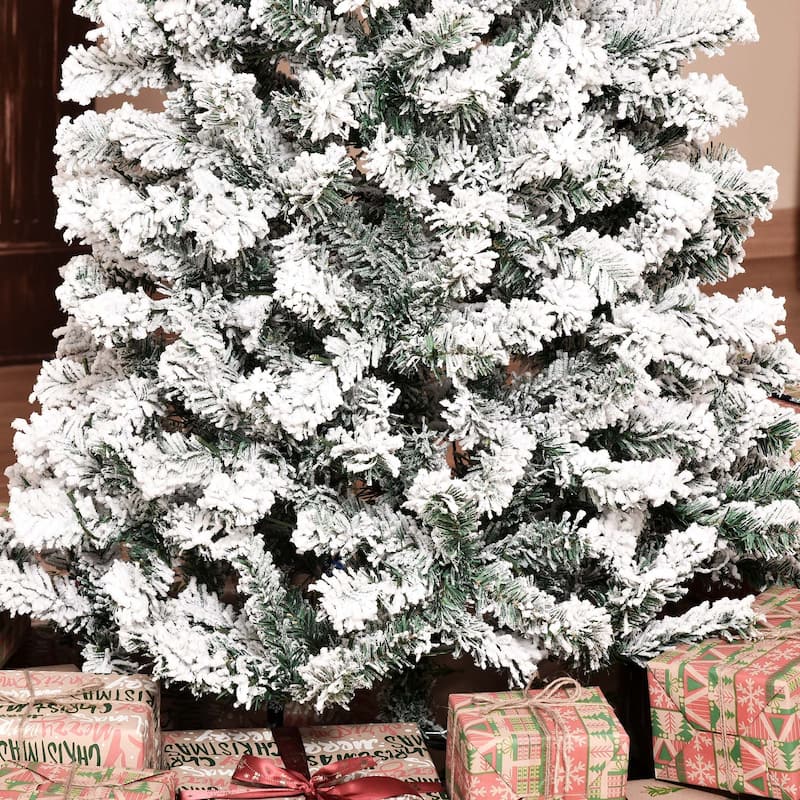 HOMCOM 6FT/7FT/9FT Slim Flocked Christmas Tree with Lights, Skinny Christmas Tree with Stand