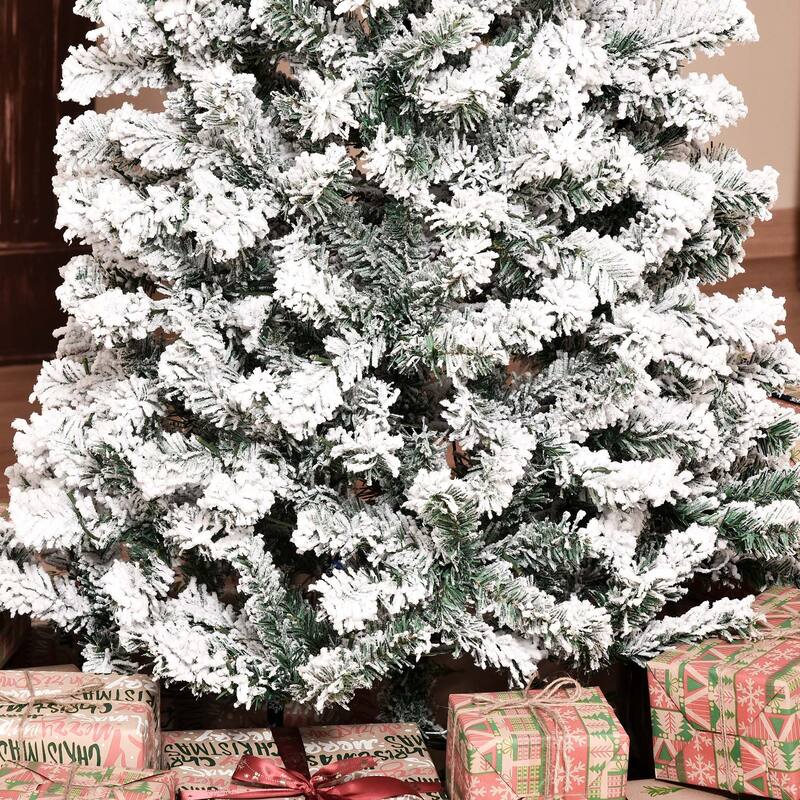 HOMCOM 6FT/7FT/9FT Slim Flocked Christmas Tree with Lights, Skinny Christmas Tree with Stand
