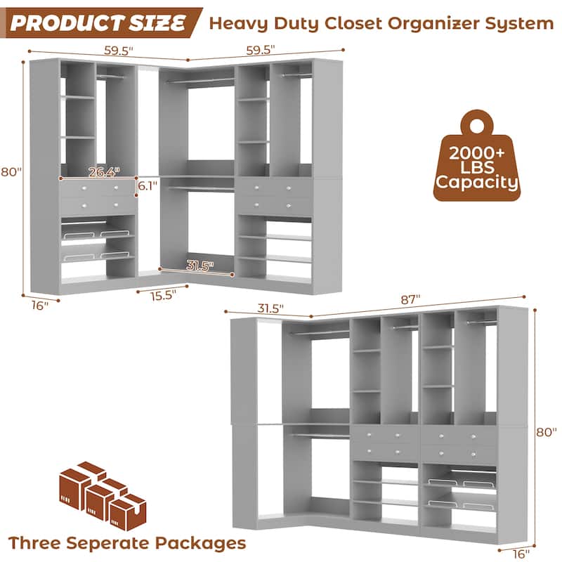 Set of 2/ 3 Coner Closet System with Shoe Racks and Drawers, Freestanding Closet Organizer with Hanging Rods and Shelves
