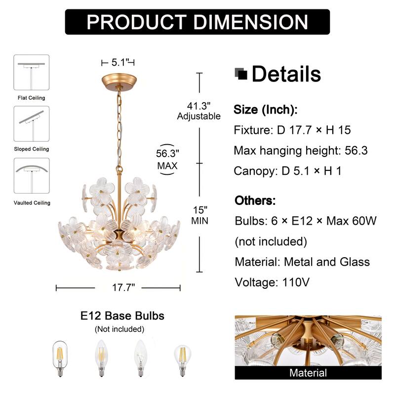 Rosa Modern 6-Light 17.7" Glam Clear Glass Flower Chandelier