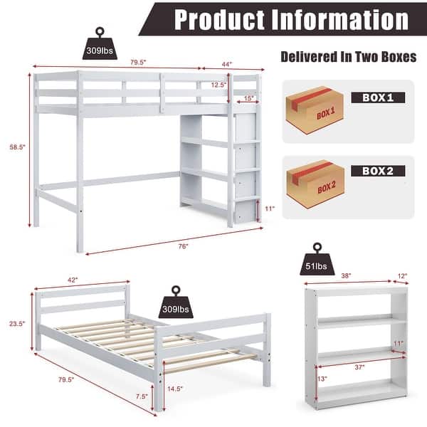 dimension image slide 1 of 3, Costway Twin Over Twin Loft Bunk Bed Wood w/Bookcase Guardrail Ladder - 79.5'' x 44'' x 58.5''