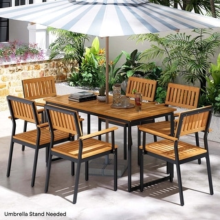 7 PCS Outdoor Dining Set Wood Rectangular Dining Table & Armchairs