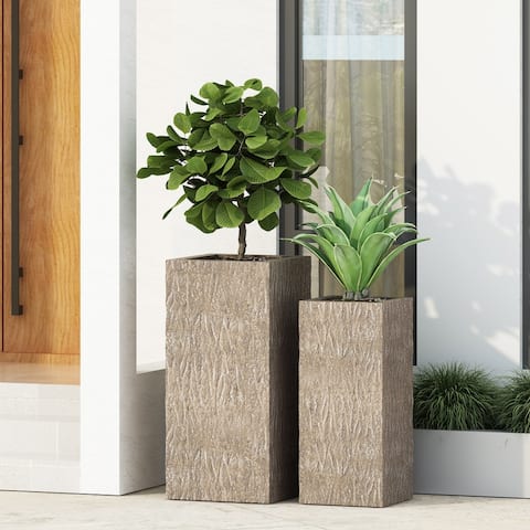 Littell Outdoor Medium and Small Cast Stone Planters (Set of 2) by Christopher Knight Home