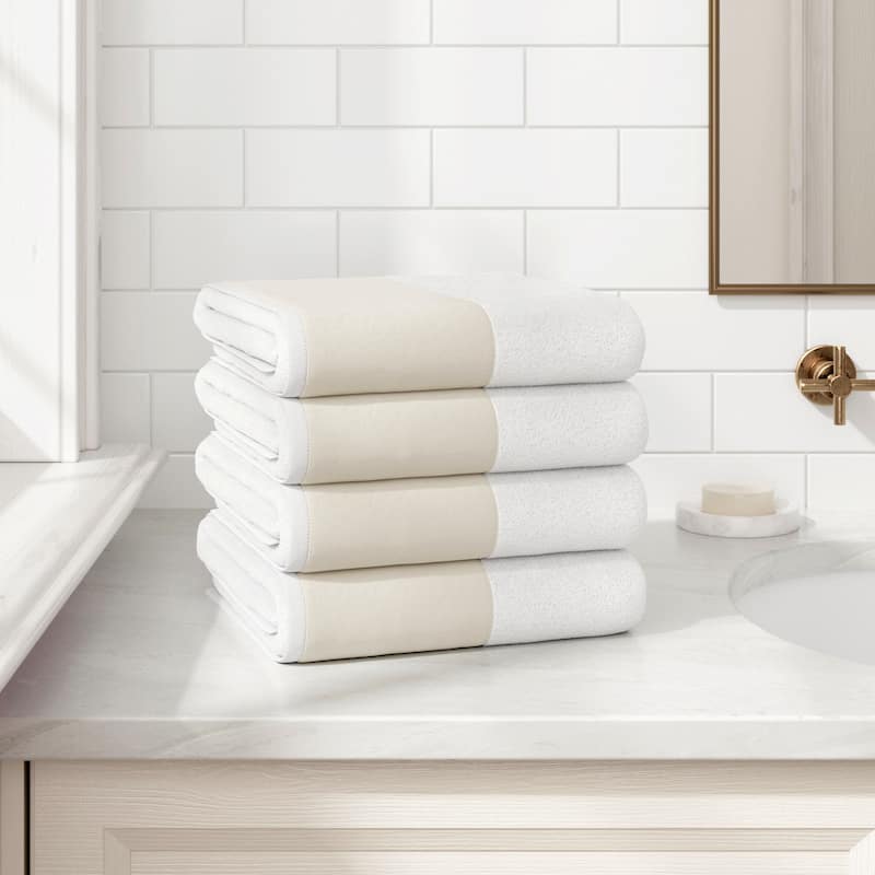 Linery & Co. Ultra-Soft Cotton and Linen Like Border Towel Set - White - Bath Towel (Pack of 4)