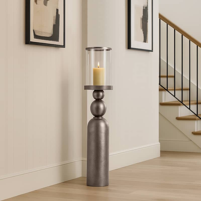 Aluminum Glass Floor Candle Holder Elegant Removable Hurricane - 41.0" - Silver