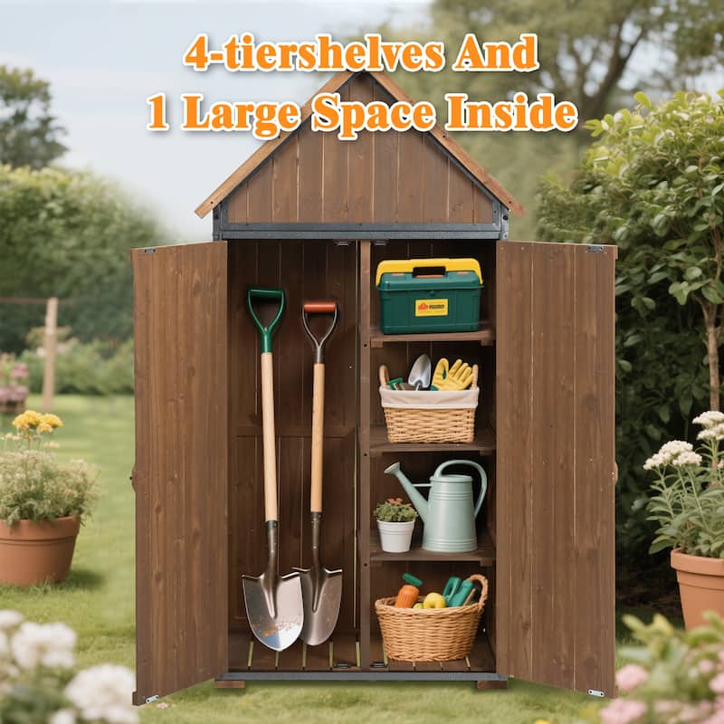 Tall Outdoor Storage Shed - 32.3"L x 21"W x 67"H, Metal Frame Tool Shed for Patio/Garden, Brown