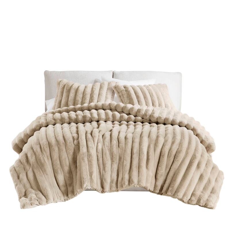 3PCS Full/Queen Fluffy Faux Fur Comforter Set with Ribbed Texture and Velvet Backing