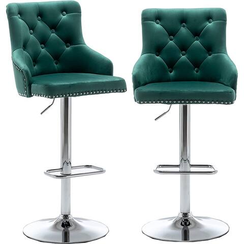 Green Tufted Nailhead Trim Upholstered Dining 25" - 33" Adjustable High Back Stool Bar Chairs, Barstools Brand Set of 2