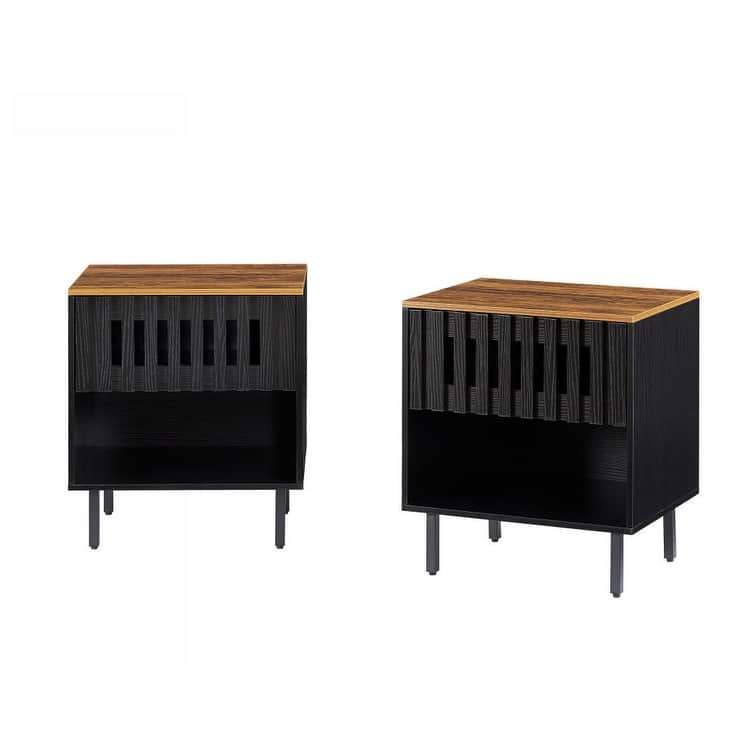 GDF Studio - Mid-Century Modern Nightstand Set with Slatted Grille Door Design and Metal Legs