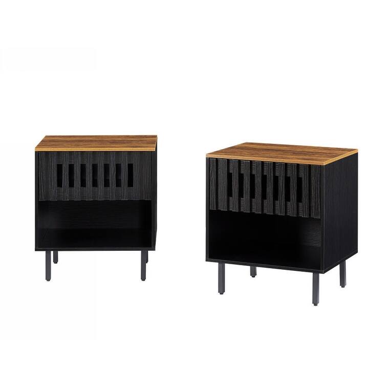 Vintage Nightstand with Slatted Drawer and Open Shelf, Set of 2