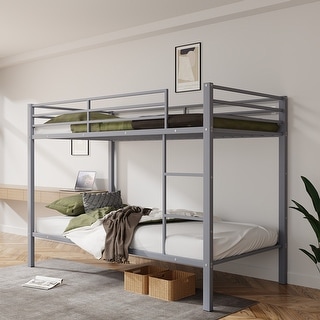 Twin Over Twin Metal Bunk Bed, Low Profile, Ladder, High Guardrail