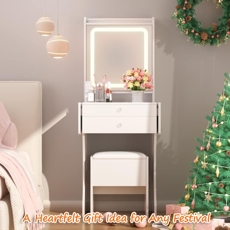 Vanity Set for Small Bedrooms - Small Space Makeup Vanity with Stool, Compartmentalized Drawers & 20cm Foldable Side Tables