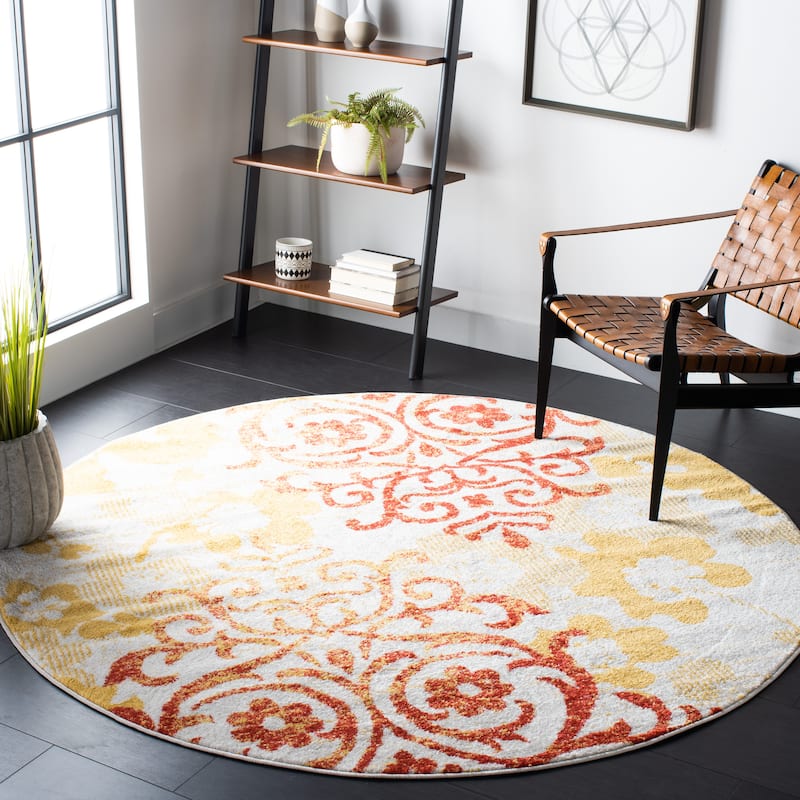 SAFAVIEH, Adirondack Rena Damask Floral Distressed Rug - 6'7" Round - Grey/Gold