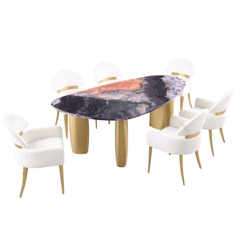 Furniture of America Luvien Modern 7-Piece Multi-Color Sintered Stone Top Oval Dining Table Set