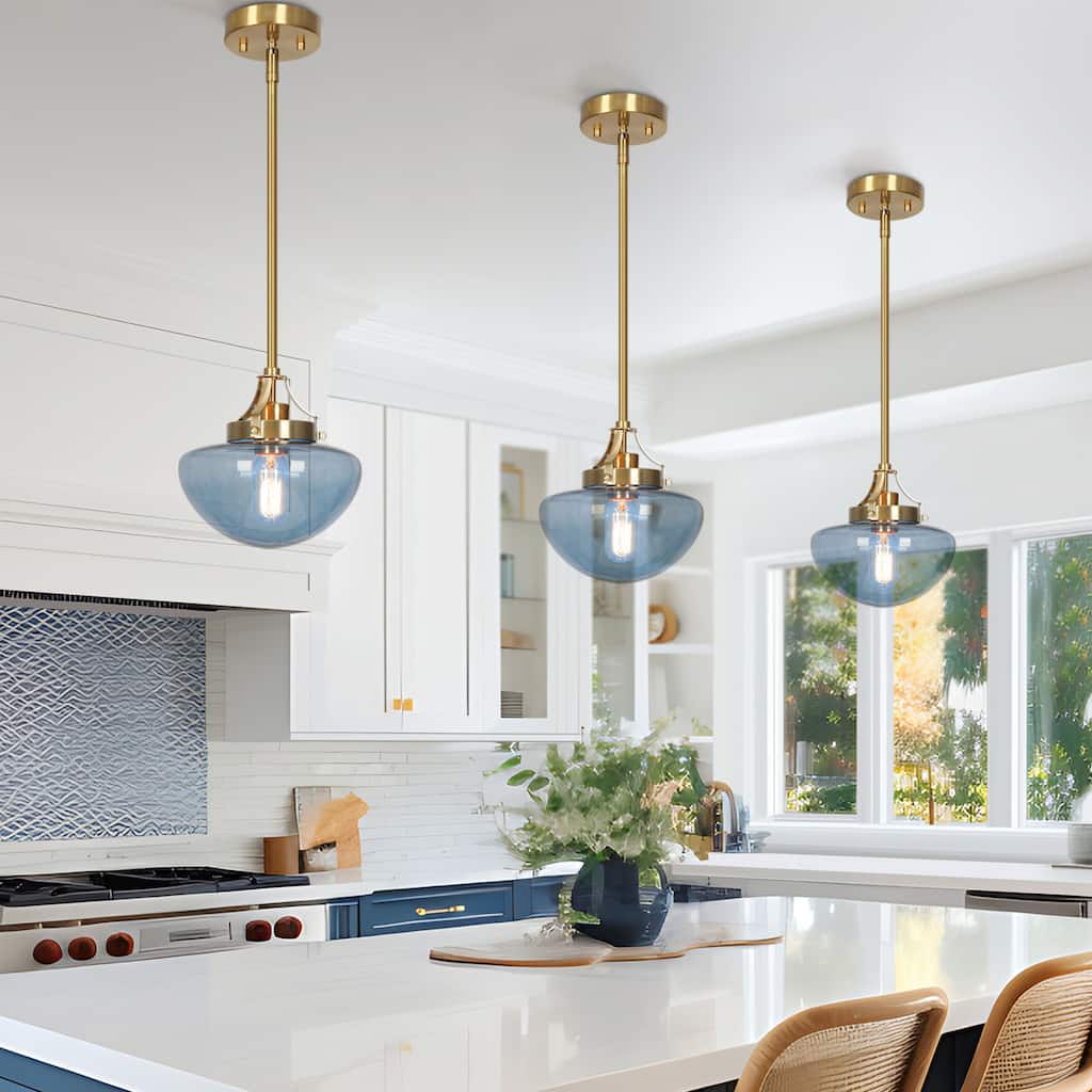 Modern Contemporary 1-Light Gold Kitchen Island Blue Schoolhouse Glass Pendant Lights for Dining Room - 8.5" Dia x 9" H