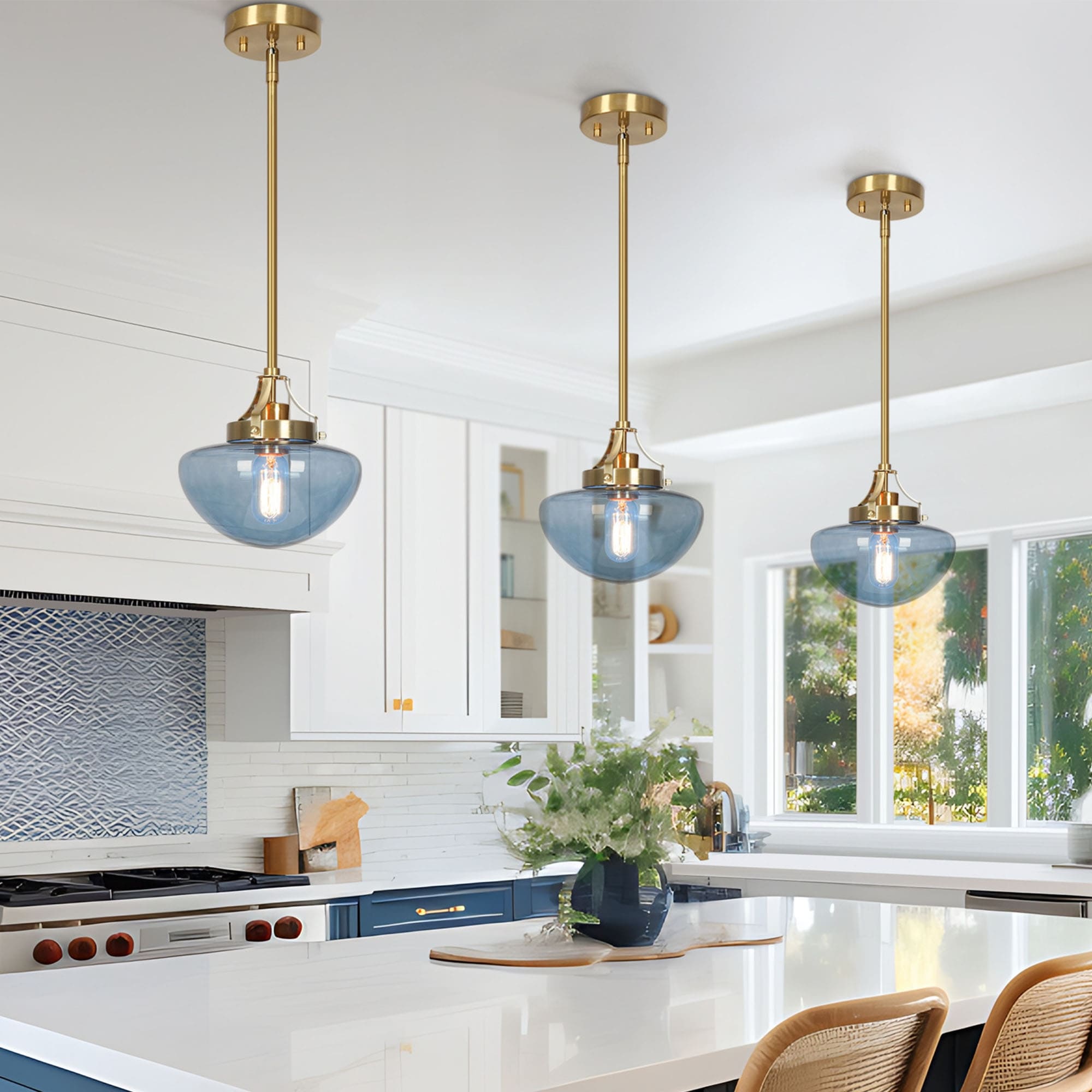 Modern Contemporary 1-Light Translucent Light Blue Tinted Glass Shade Pendant Lights for Dining Room - 8.5" Dia x 9" H