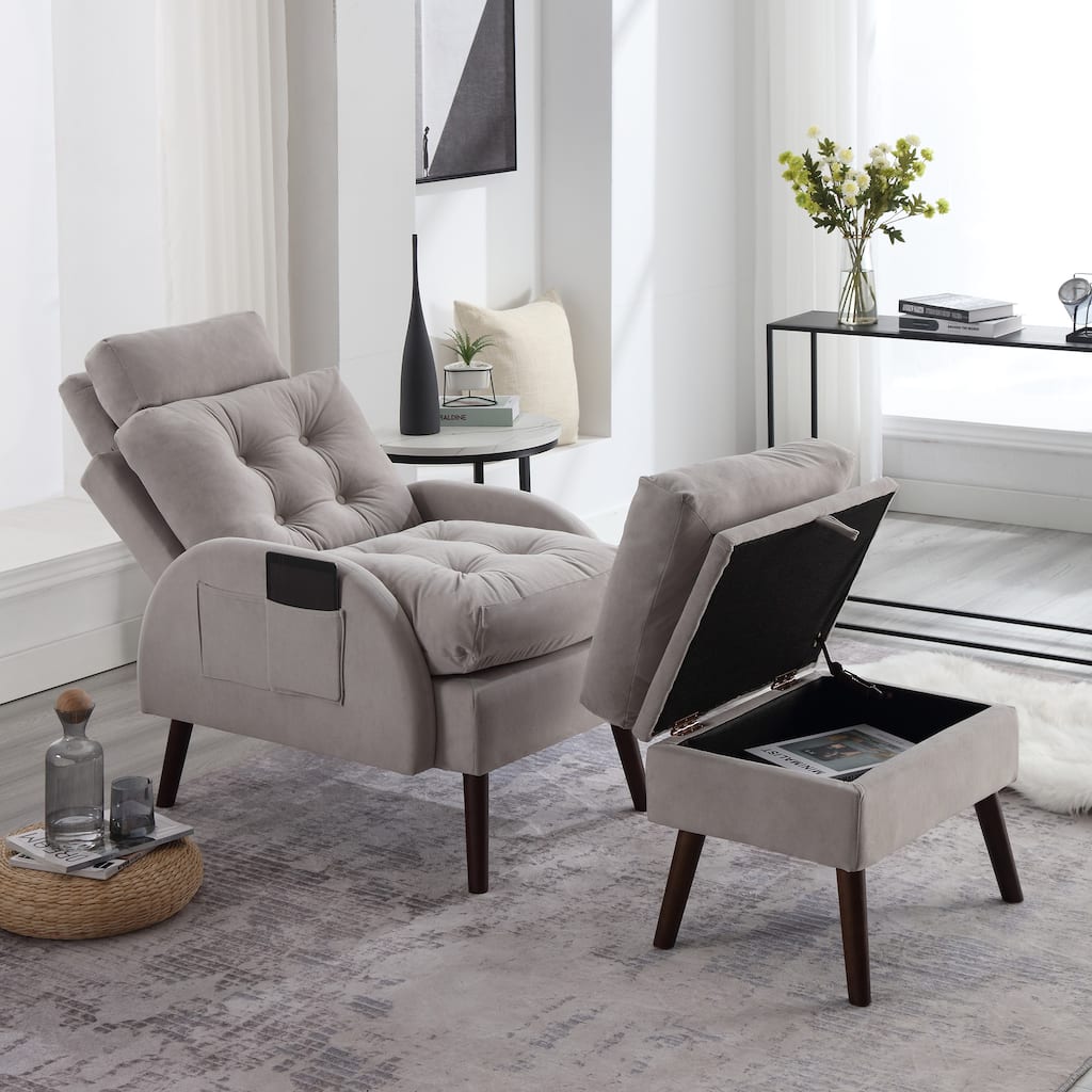 HOMYKA Upholstered Chaise Lounge Chair with Adjustable Backrest Storage Ottoman