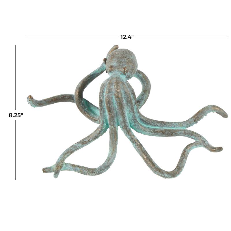 Blue Polystone Distressed Patina Octopus Decorative Sculpture with Gold Foil Accents