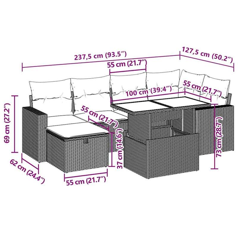 vidaXL Patio Sofa Set with Cushions Outdoor Furniture 7 Piece Poly Rattan - 21.7 x 39.4 x 28.7 in