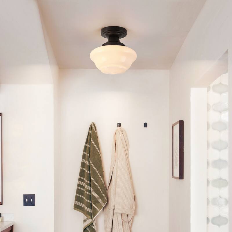 8.7" 1-Light Vintage Brass/Black Milk Glass Flush Mount Ceiling Light for Hallway