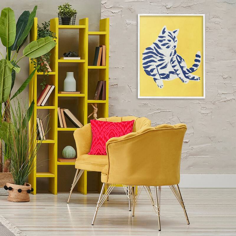 Stupell Unique Bright Cat on Yellow Framed Giclee Art Design By June Erica Vess