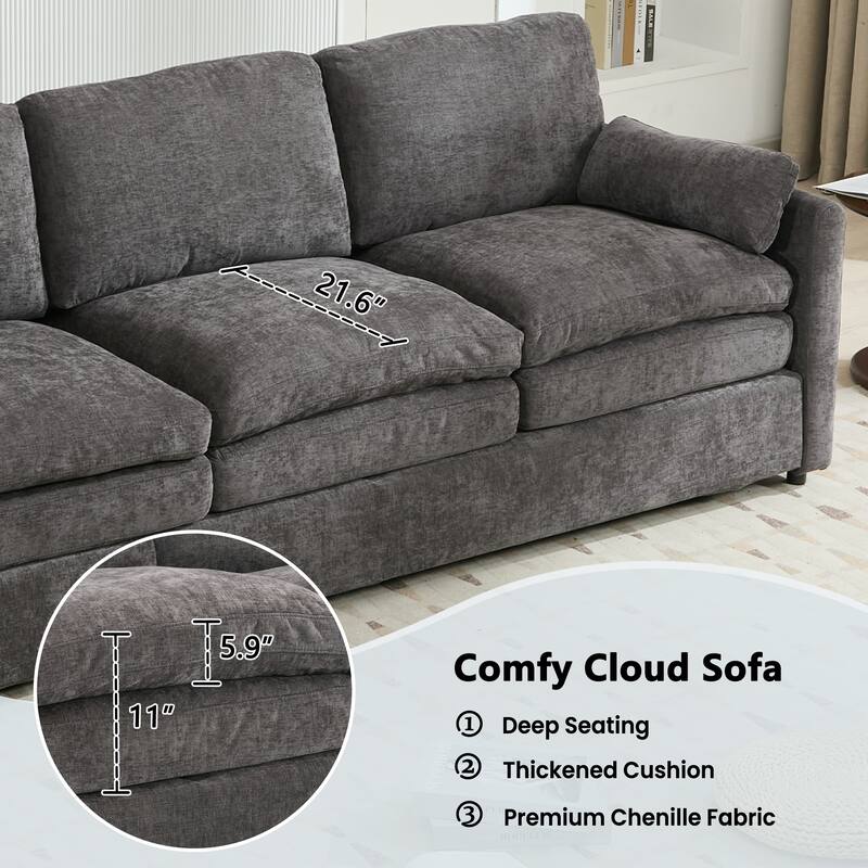 Modern Chenille Comfy Upholstered 3-Seat Sofa, Comfy Cloud 3-seater Sofa w2 Lumbar Pillow Plush Cushion Sofa Couch