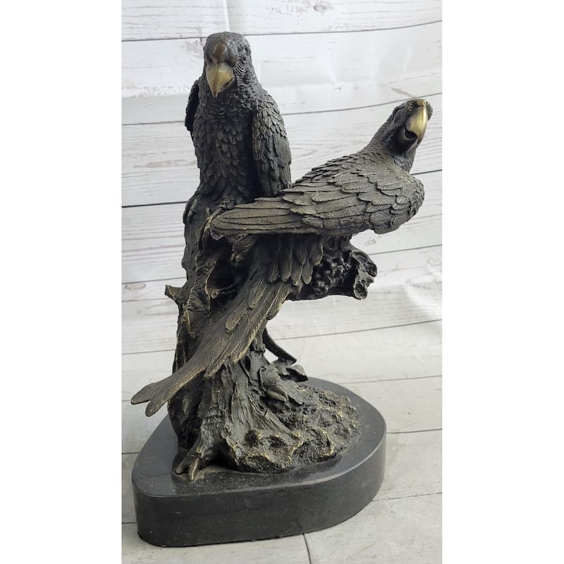 Pair Of Parrots Birds Bronze Sculpture Statue Figure On Marble Base Signed Milo