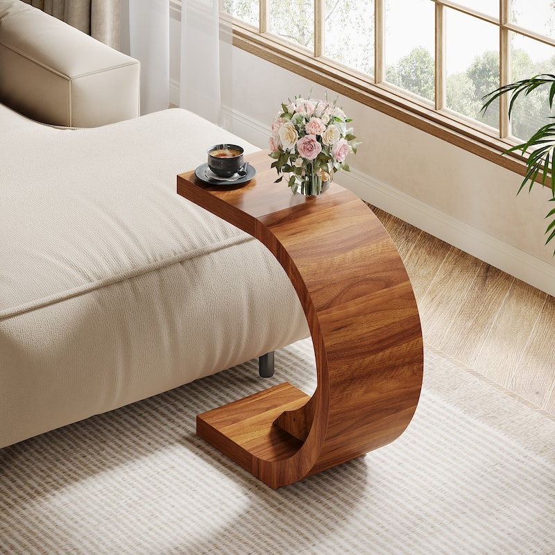 C-Shaped End Table, Wood Side Table for Couch Sofa Living Room