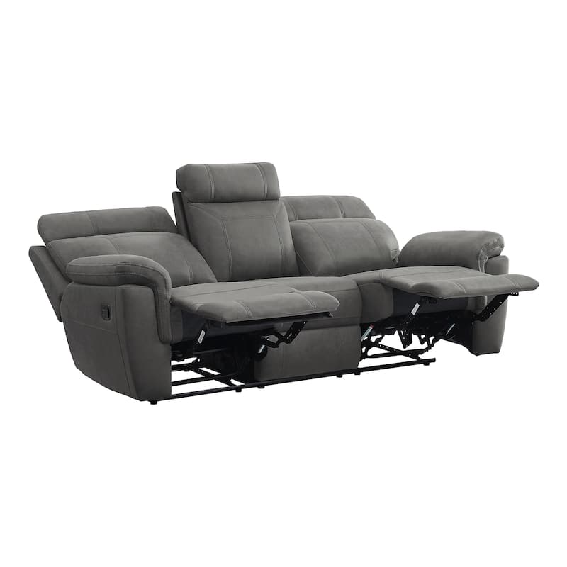 Cliff 84 Inch Manual Reclining Sofa, Gray Microfiber, Solid Wood, Metal