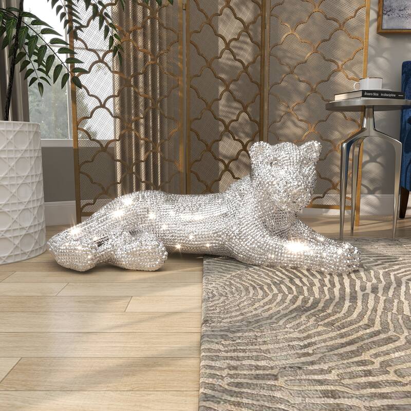 Polystone Floor Leopard Sculpture with Carved Faceted Diamond Exterior - Black or Silver