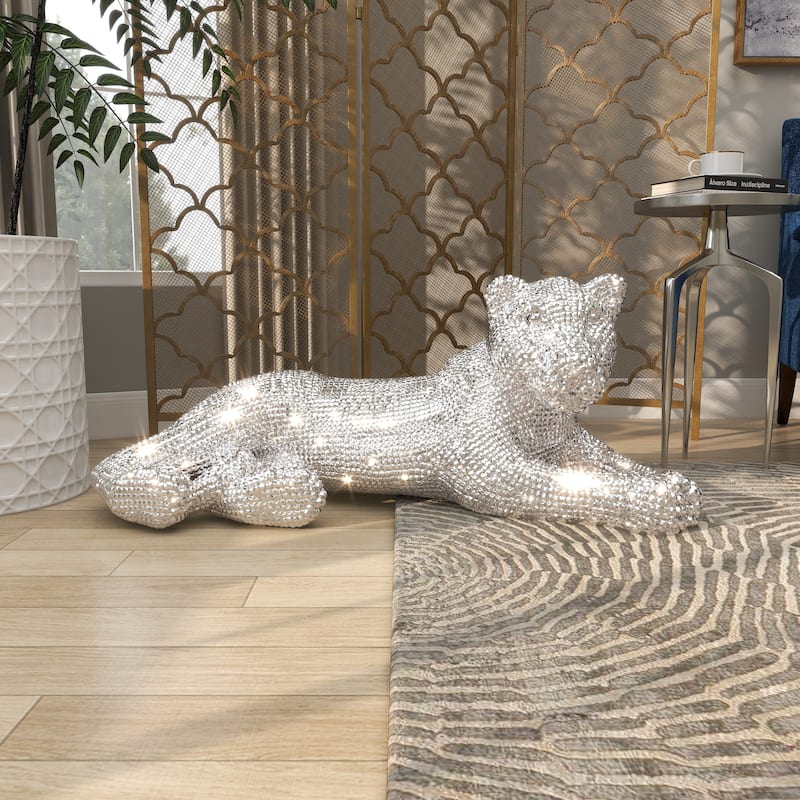 Polystone Leopard Decorative Sculpture with Carved Faceted Diamond Exterior - Black, White, Gold or Silver - Roche River Decor