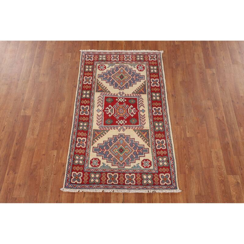 Ivory Geometric Kazak Accent Rug Hand-Knotted Wool Carpet - 2'7" x 4'3"