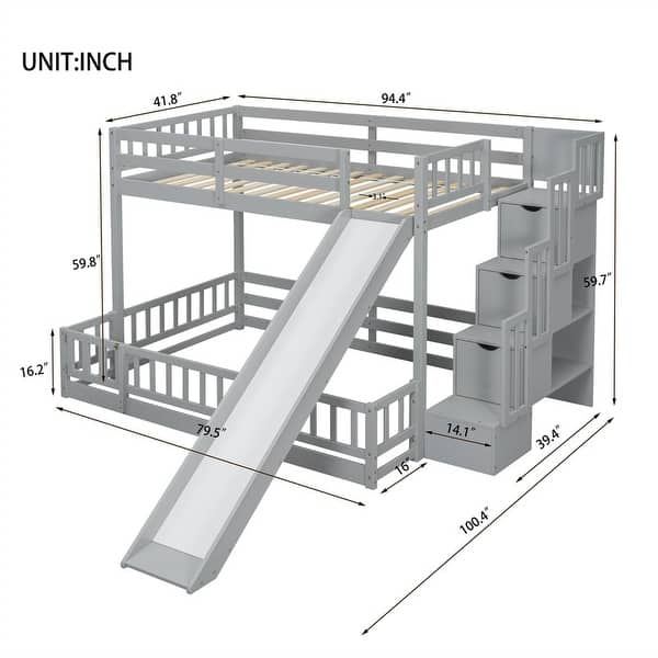 dimension image slide 0 of 2, Twin Over Full Multifunctional Kids Bunk Bed Frame with Slide, Wooden Loft Bed with Storage Staircase and Guardrails
