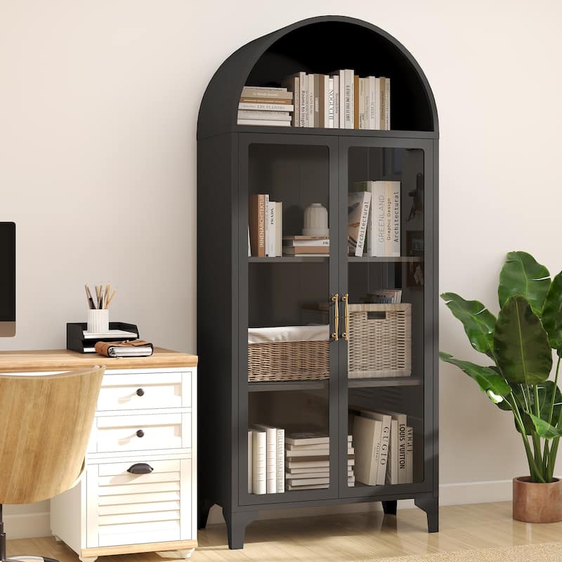 73.6-Inch Arched Metal Storage Display Cabinet with Glass Doors - 2 Doors - Black