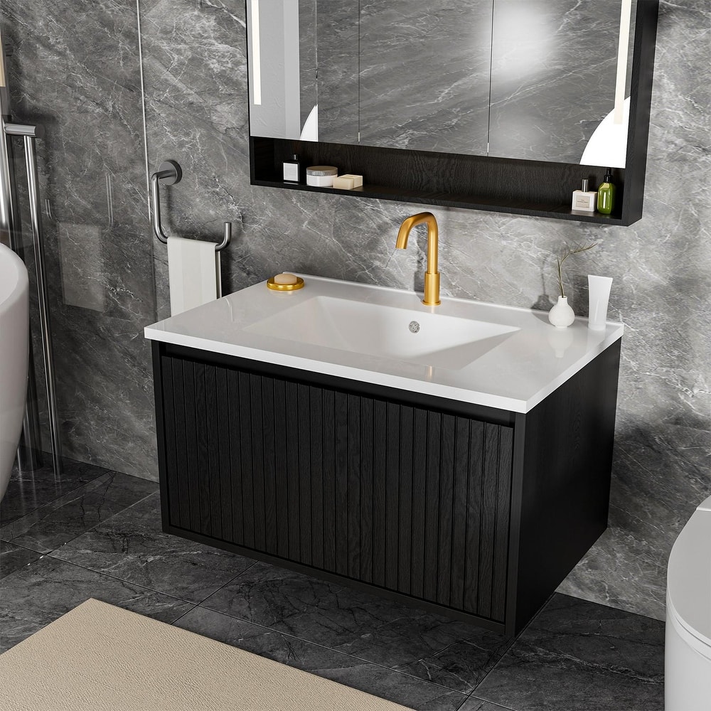 GDFStudio - Aero Modern Mid-Century Wall-Mounted Bathroom Vanity Base with Soft Close Drawer & Storage Spaces, WITHOUT Sink
