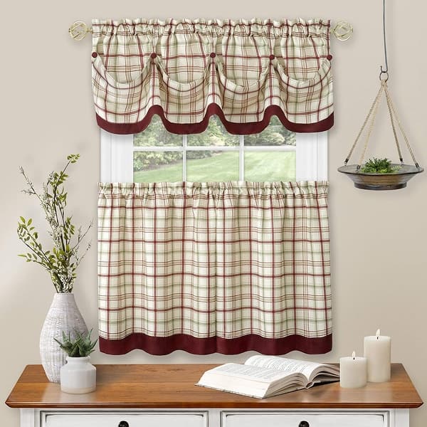 slide 1 of 8, Tattersall Window Kitchen Curtain Tier and Valance Set, Tier 58x36 Inches, Valance 58x14 Inches