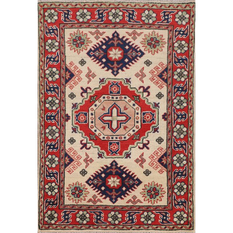 Geometric Kazak Accent Rug Handmade Wool Carpet - 2'7" x 3'9"