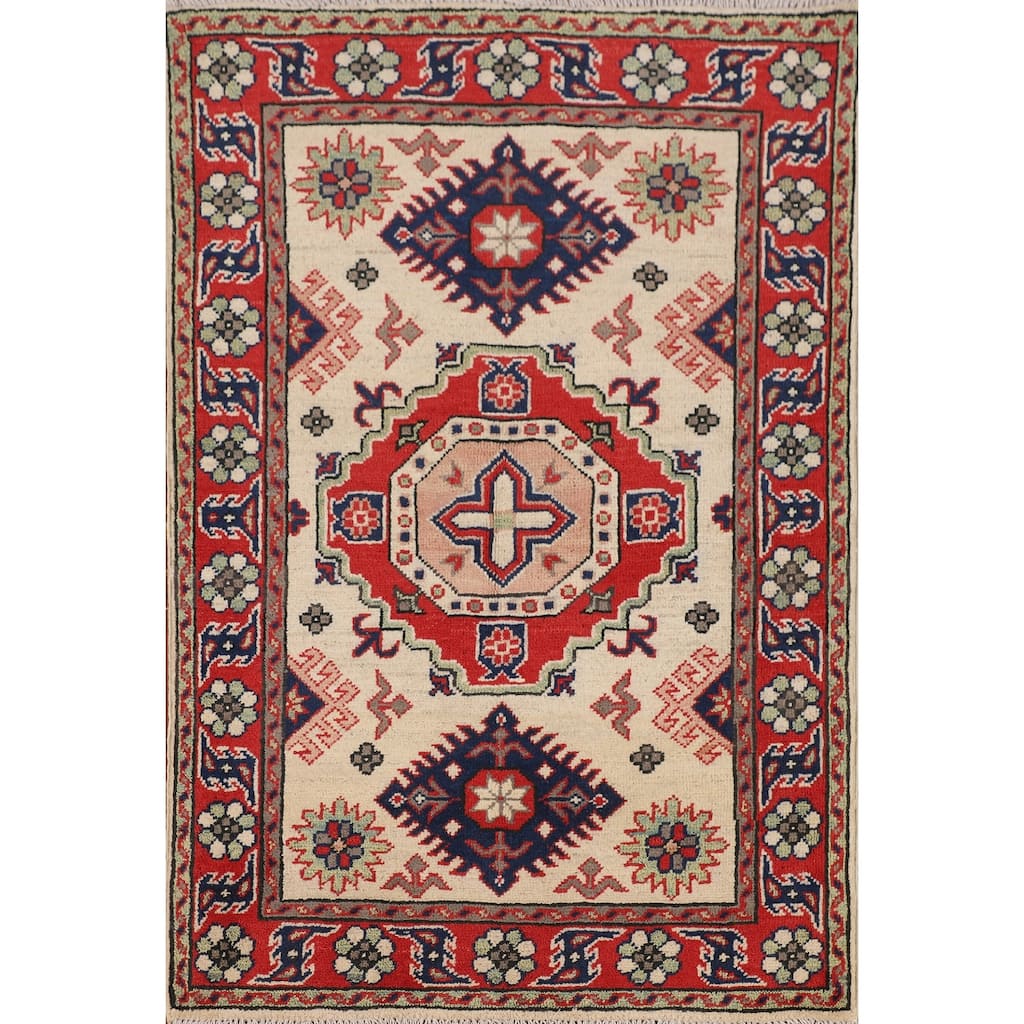 Geometric Kazak Accent Rug Handmade Wool Carpet - 2'7" x 3'9"