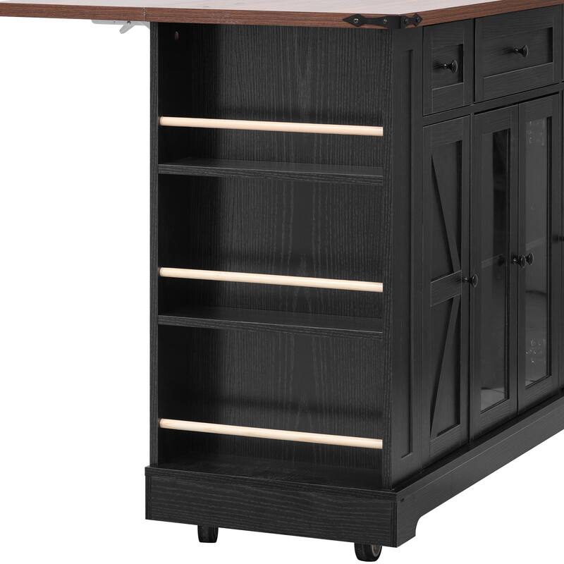 53'' Farmhouse Kitchen Island with Two Tempered Glass Cabinet Doors, Drop Leaf, 5 Open Side Racks and 3 Drawers