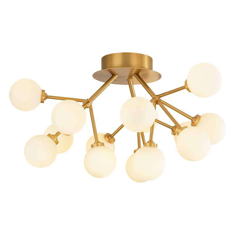 Allegra 15-Light Modern Gold Sputnik Cluster Frosted Opal Glass Globe Bubble Semi-Flush Mount LED Light