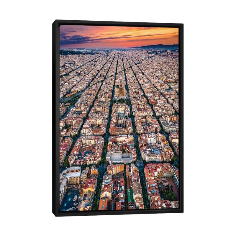 iCanvas "Spain Barcelona Cityscape Cityscape Grid From Above Sunset" by Alex G Perez Framed Canvas Print - Black - 40x26