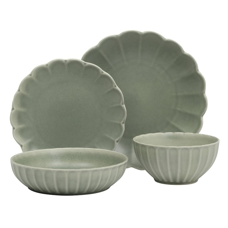 Gibson Elite Malibu Shore 16 Piece Scallop Stoneware Reactive Glaze (Service for 4) Ceramic Plates and Bowls Dinnerware Set