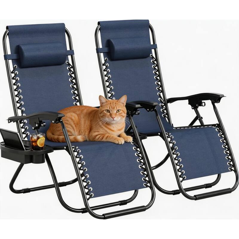 Zero Gravity Chair Set of 2, with Pillow & Cup Holder Tray - Navy Blue