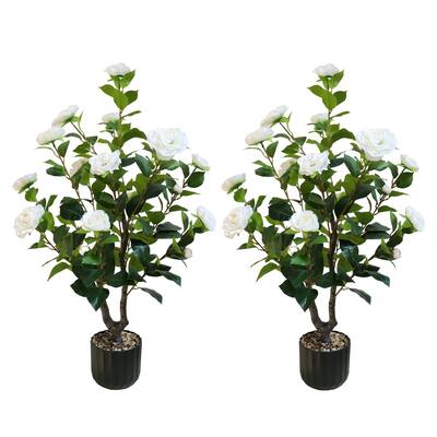 2 Pack 38 Inch Artificial Flower Plant Camellia Tree for Home Porch Decor - 38 inch