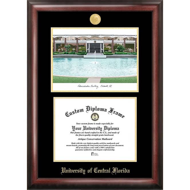 University of Central Florida 11w x 8.5h Gold Embossed Diploma Frame with Campus Images Lithograph