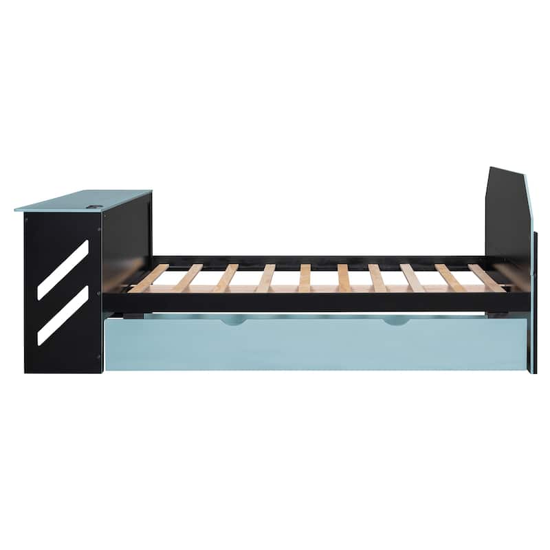 Full Daybed with Trundle, Wood Daybed with Built-in Desk and USB Charging Station, Twin Trundle Bed with Storage