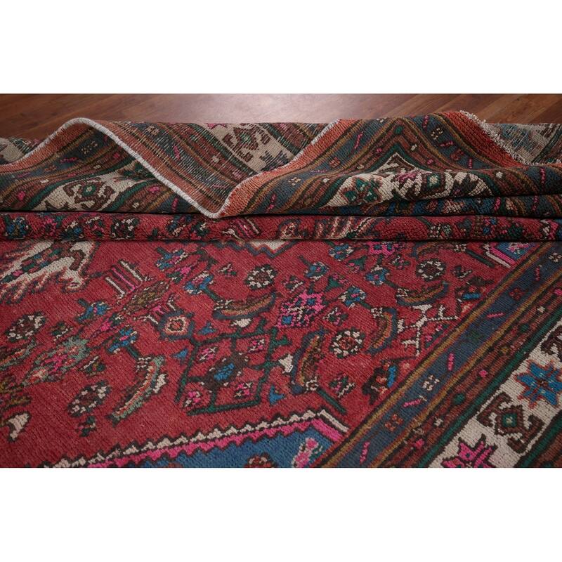 Pink & Turquoise Hamedan Persian Vintage Area Rug Handmade Wool Carpet - 6'10" x 9'8"